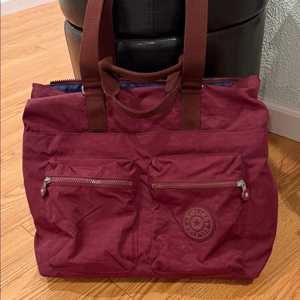 Kipling Burgundy Duffel Tote with Front Zip Pockets